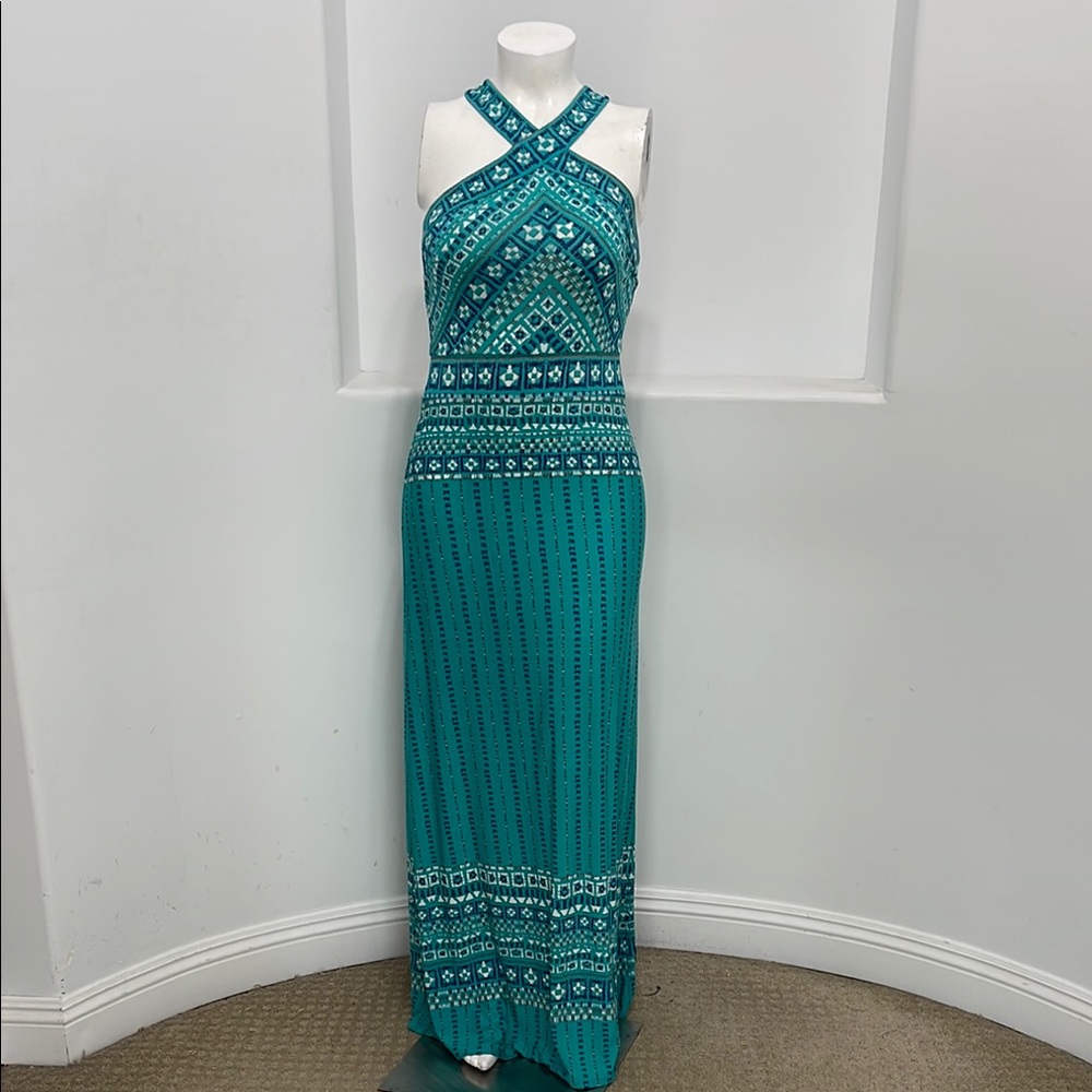 BCBGMaxAzria Teal Patterned Crisscross Halter Maxi Dress